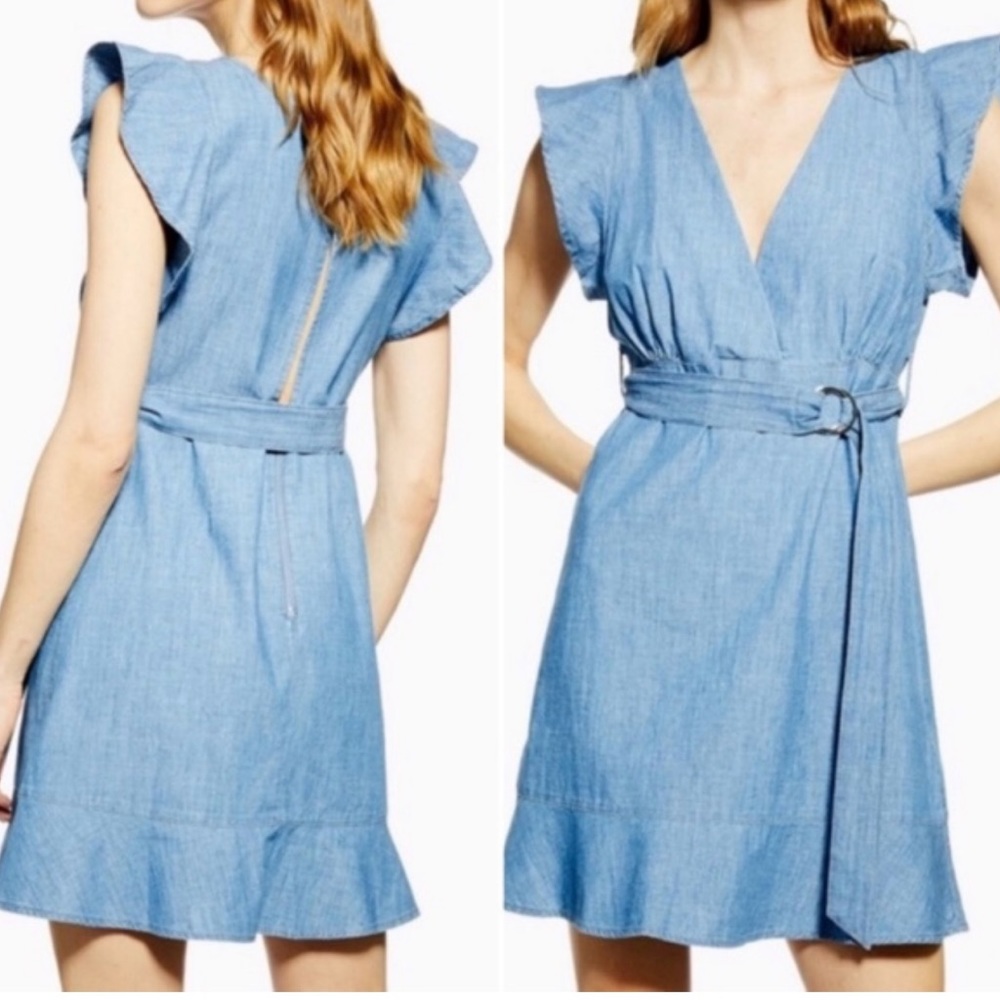 NWT Topshop Chambray Belted Denim Ruffle Sleeve Dress sz 4